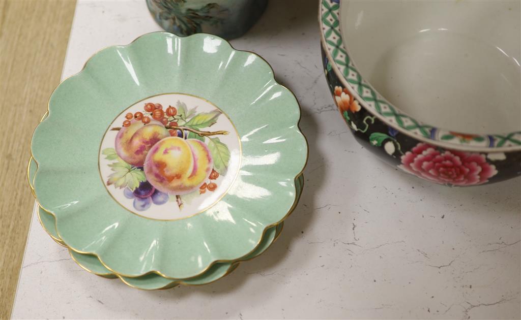 A quantity of mixed ceramics to include three Shelley fruit plates, a Whieldon ware bed pan, a pair of ewers and a vase